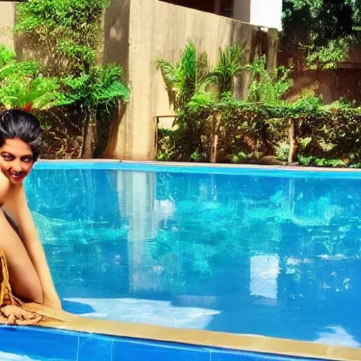 indian bollywood  look alike  girl in swimming pool wearing bikani ,white complexion ,legs should be in water