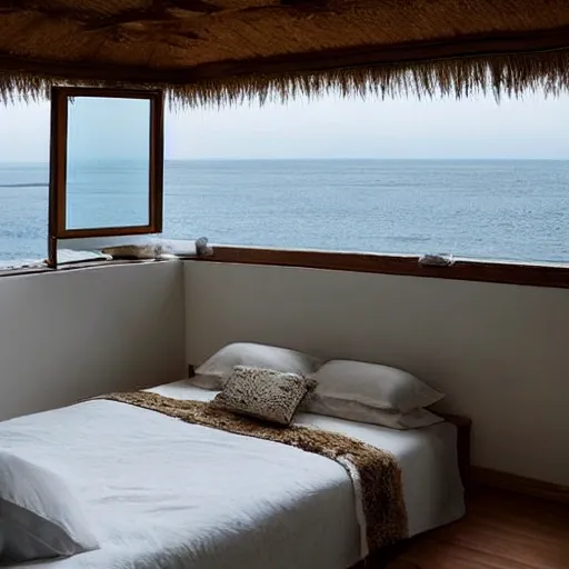 A bedroom in a house, with a bed, with white sheets. You can see the bed, which has a direct view of the sea. It's all night, and dark. The bed is practically in the open air, with which the sea is almost completely visible. On the horizon of the sea, the night is seen, with a full moon. The sky is full of stars