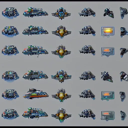 sci fi spaceship, overwatch, starcraft, 2d top down, game asset, "top view", symmetrical, sharp and crisp lines, flat shading, sprite sheet, top model, artstation, pixel perfect, no blurry, no glow, no fuzzy, no watermark, Cartoon, Pencil Sketch, Water Color, Oil Painting, pieces, parts, modular