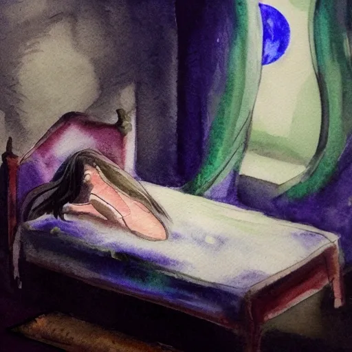 , Water Color of a room bathed in moonlight, a lovely girl resting on the bed, a malevolent creature emerging from the shadows, leaping on her chest and invading her nightmares