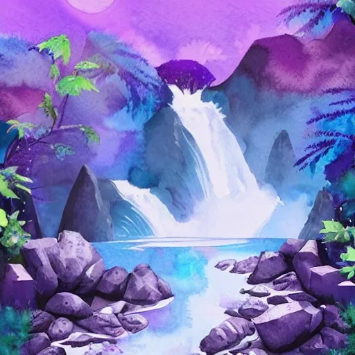 Please create a beautiful watercolor landscape illustration of Las Ñustas Spa in Bolivia. Imagine a breathtaking scene with majestic waterfalls cascading into a calm and serene river, where enormous stones are scattered along the riverbed. Use shades of purple throughout the illustration to capture the magical atmosphere of the place. Pay attention to the details of the waterfalls and the river, and ensure to represent the harmony between the violet colors and the textures of the water and rocks. Also, include vegetation around the scene to complete the landscape. Let your creativity soar and enjoy the process of creating this unique illustration!