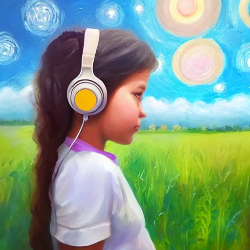 , Oil Painting, young girl, with headphones, in a field, bounded, looking at the sky, starry sky, beautiful night 