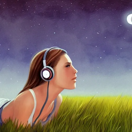 best quality, masterpiece, ultra high res, teenager, woman, looking at the stars, field, beautiful night, lying down, wearing headphones, beautiful view , Cartoon