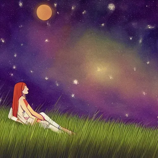 best quality, masterpiece, ultra high res, teenager, woman, looking at the stars, field, beautiful night, lying down, wearing headphones, beautiful view , Cartoon