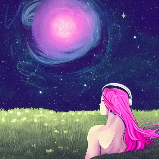 best quality, masterpiece, ultra high res, teenager, woman, looking at the stars, field, beautiful night, lying down, wearing headphones, beautiful view , pink hair, , Cartoon, Trippy