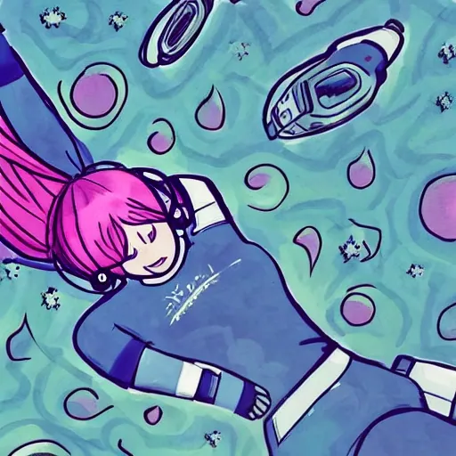 best quality, masterpiece, ultra high res, teenager, woman, looking at the stars, field, beautiful night, lying down, wearing headphones, beautiful view , pink hair, , Cartoon, Trippy