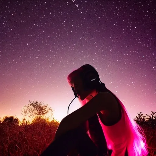 best quality, masterpiece, ultra high res, teenager, woman, looking at the stars, field, beautiful night, lying down, wearing headphones, beautiful view , pink hair, Trippy