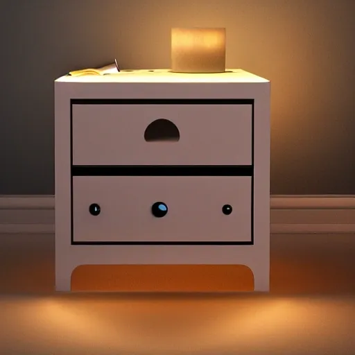 generates a realistic image of a melamine nightstand, with 2 locked drawers, with LED lights inside and a cage for books
