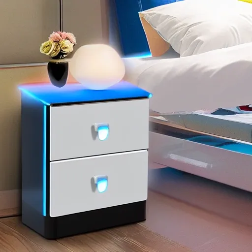 Realistic image, High Gloss Bedside Tables with 2 Drawers,Floating Nightstand with 3 Color & Adjustable Brightness Embedded LED Light Strip , 3D