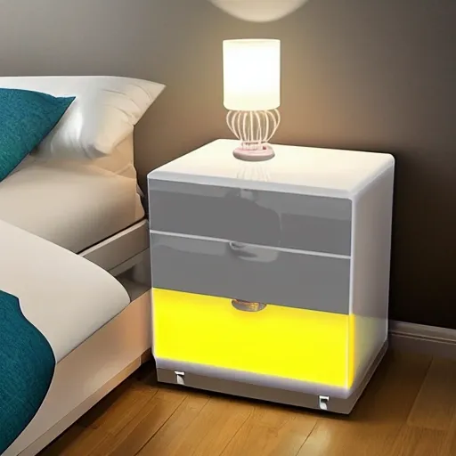 Realistic image, High Gloss Bedside Tables with 2 Drawers,Floating Nightstand with 3 Color & Adjustable Brightness Embedded LED Light Strip , 3D