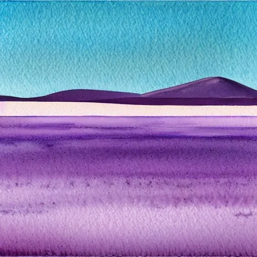 I want you to create a beautiful watercolor illustration of the Salar de Uyuni, bathed in violet hues. In this artwork, I want you to capture the vastness of the salt flat, with its endless stretches blending into the horizon. The textures and reflections of the salt must be depicted with detail, conveying a sense of calmness and tranquility. Include iconic elements such as giant cacti and salt mounds. The violet colors should be present in the sky, creating a magical contrast with the white of the salt flat. This watercolor illustration aims to convey the unique and surreal beauty of the Salar de Uyuni in violet tones."