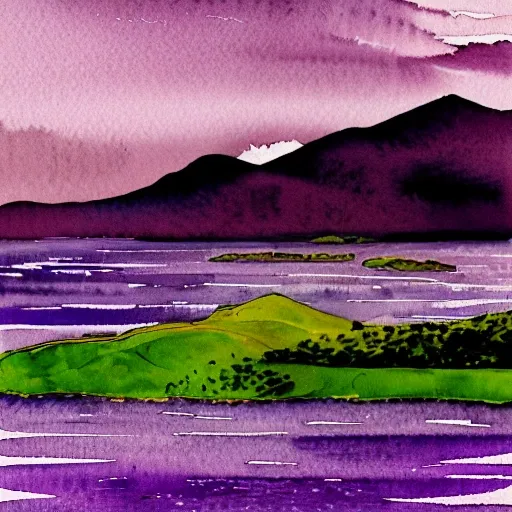 I want you to create a beautiful watercolor illustration of Lake Titicaca, bathed in violet hues. In this artwork, I want you to capture the serenity and beauty of this iconic lake. Detail the calm and crystal-clear waters, reflecting the sky and surrounding mountains. Include characteristic elements such as the floating islands of totora and the colorful attire of the locals. The violet tones should envelop the landscape, creating a magical and captivating atmosphere. This watercolor illustration aims to convey the grandeur and tranquility of Lake Titicaca in violet shades.