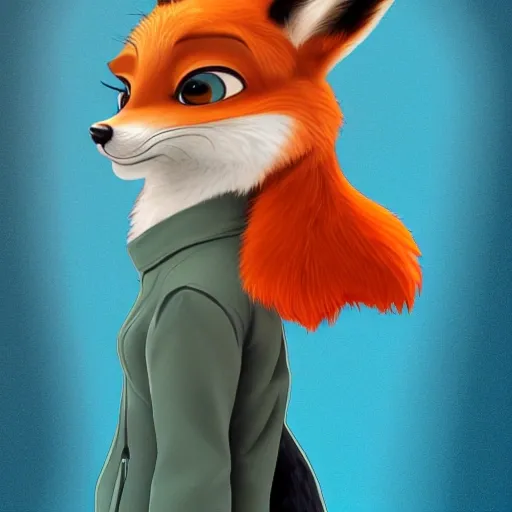 digital detailed full body of an anthromorphic female fox, in style of zootopia, zootopia, zootopia, fursona, furry, furaffinity, deviantart, furry art, fursona art, wearing a black hoodie, in style of zootopia, fox fursona, cyberpunk, female, detailed feminine face, orange fur, black hair on head in a mullet, 3D