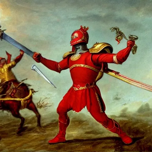 Russian hero in red armor and a golden helmet swings his sword to strike