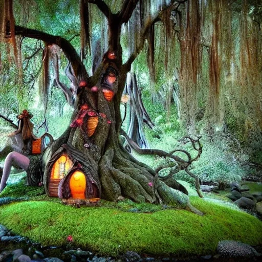 Dreamshaper prompt magic prompt: sitting on an oak dusty shelf is a tilt shift autumn dusk photograph of a giant fantasy twisted silver weeping willow tree fairies living in tiny huts built in, surrounded by a large multi color rose garden, fairies fly around with glowing pixie dust flowing from them, background of a mountain stony stream and small waterfalls, dusk, fog