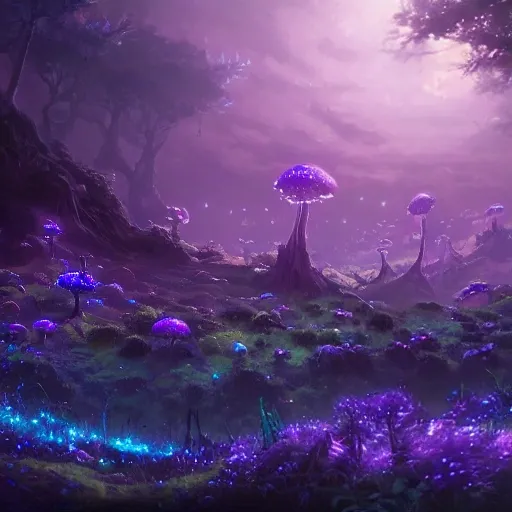 concept art painting of a fantasy alien fungal landscape at night, with glowing blue lights, glowing blue roses, dark purple sky, realistic, detailed, cel shaded, in the style of makoto shinkai and greg rutkowski and albert bierstadt and james gurney