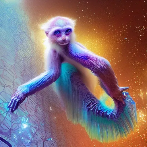 iridescent opalescent monkey, bioluminescent : by michal karcz, daniel merriam, victo ngai and guillermo del toro : ornate, dynamic, particulate, intricate, elegant, highly detailed, centered, artstation, smooth, sharp focus, octane render