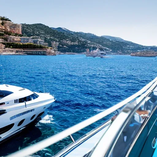 a baby blue bugatti chiron super sport on a mega  yacht in the bay of monaco ,sunny day , blue sky, white and baby blue yacht, blue see , masterpiece , high detailed ,no people, amazing,realistic ,photo