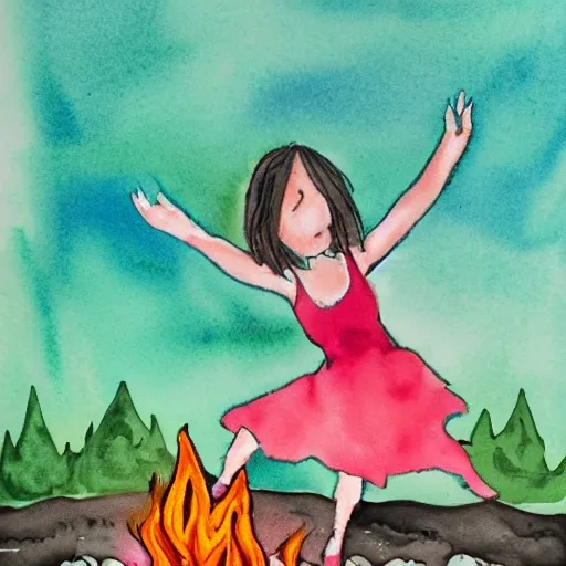 girl dancing around a campfire, Water Color