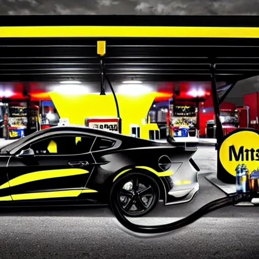 batman (christian bale ) filling up  a black ford mustang with diesel at a shell gasstation at night ,high detailed ,super realistic, focus on batman and ford mustang ,dark tones , no other cars exept the mustang , corgeous, masterpice, amazing , realistic