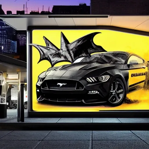 batman filling up  a black ford mustang with diesel at a shell gasstation at night ,high detailed ,super realistic, focus on batman and ford mustang ,dark tones , no other cars exept the mustang , corgeous, masterpice, amazing , realistic