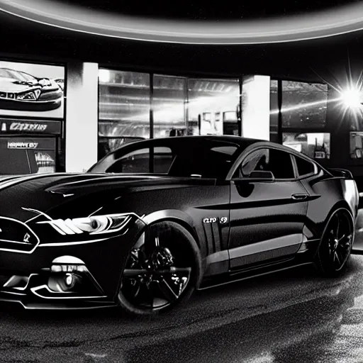 batman filling up  a black ford mustang with diesel at a futuristic gasstation at night ,high detailed ,super realistic, focus on batman and ford mustang ,dark tones , no other cars except the mustang , corgeous, masterpice, amazing , realistic