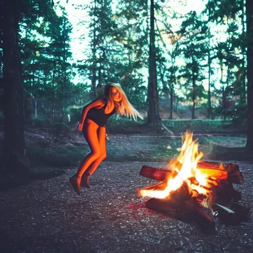 girl dancing around a campfire, Trippy