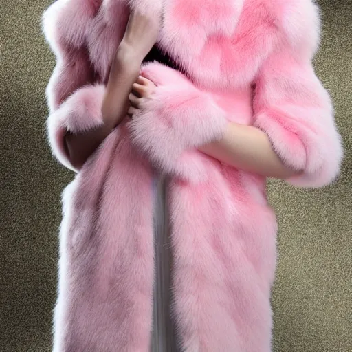 best quality, masterpiece, ultra high res, photorealistic, detailed skin, pink fur coat, lounging