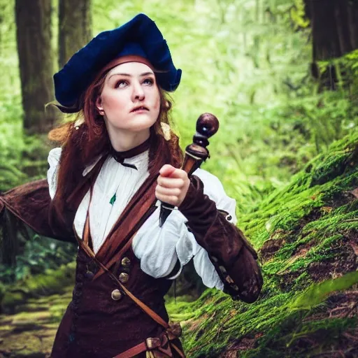 Fantasy roleplaying character. Victorian era female explorer, full body shot, action shot, hair moving, woods, Can you create a realistic picture of this scene, Canon EOS 5D Mark IV DSLR, f/ 8, ISO 100, 1/ 250 second, close - up, professional--s 750