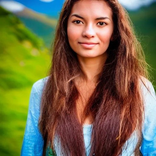 A 85mm DSLR colour Photography of a very detailed front headshot of a beautiful girl from panama woman long hair with panama mountain in the background