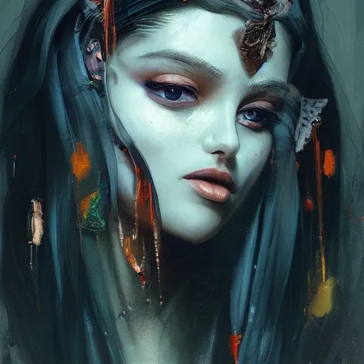 figurative art, medium full shot painting of a beautiful Russian-Persian princess with short blond hair, abstraction texture grunge painting, Pintura Graffiti, Abstract Portrait Painting, by banksy, greg rutkowski, by greg tocchini, by james gilleard, by joe fenton, by kaethe butcher, oil on canvas, insanely detailed, front view, symmetrical, octane render, TanvirTamim, concept art, abstract, artistic, 8k, cinematic, trending on artstation, unreal engine 5, ultra sharp focus, highly detailed, vibrant