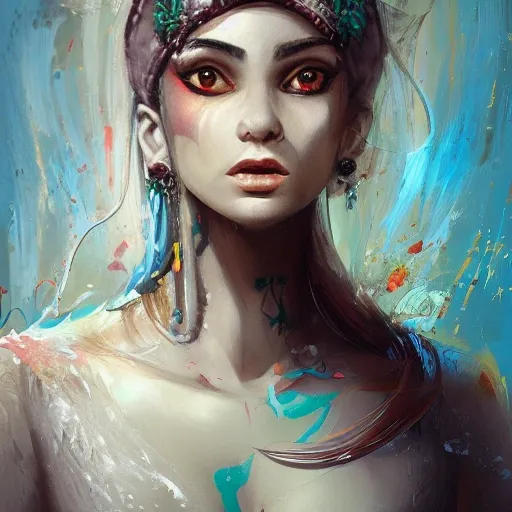 figurative art, medium full shot painting of a beautiful Russian-Persian princess with short white hair, abstraction texture grunge painting, Pintura Graffiti, Abstract Portrait Painting, by banksy, greg rutkowski, by greg tocchini, by james gilleard, by joe fenton, by kaethe butcher, oil on canvas, insanely detailed, front view, symmetrical, octane render, TanvirTamim, concept art, abstract, artistic, 8k, cinematic, trending on artstation, unreal engine 5, ultra sharp focus, highly detailed, vibrant