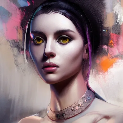 figurative art, medium full shot painting of a beautiful Russian-Persian princess with short white hair, abstraction texture grunge painting, Pintura Graffiti, Abstract Portrait Painting, by banksy, greg rutkowski, by greg tocchini, by james gilleard, by joe fenton, by kaethe butcher, oil on canvas, insanely detailed, front view, symmetrical, octane render, TanvirTamim, concept art, abstract, artistic, 8k, cinematic, trending on artstation, unreal engine 5, ultra sharp focus, highly detailed, vibrant