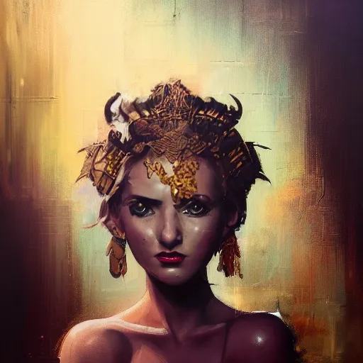 figurative art, medium full shot painting of a beautiful American-Greek princess with short blond hair, abstraction texture grunge painting, Pintura Graffiti, Abstract Portrait Painting, by banksy, greg rutkowski, by greg tocchini, by james gilleard, by joe fenton, by kaethe butcher, oil on canvas, insanely detailed, front view, symmetrical, octane render, TanvirTamim, concept art, abstract, artistic, 8k, cinematic, trending on artstation, unreal engine 5, ultra sharp focus, highly detailed, vibrant