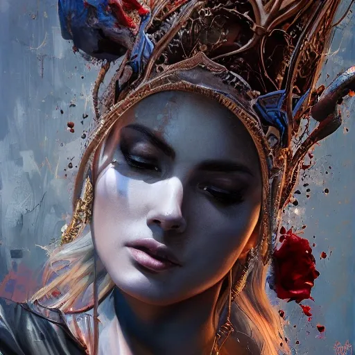 figurative art, medium full shot painting of a beautiful American-Greek princess with short blond hair, abstraction texture grunge painting, Pintura Graffiti, Abstract Portrait Painting, by banksy, greg rutkowski, by greg tocchini, by james gilleard, by joe fenton, by kaethe butcher, oil on canvas, insanely detailed, front view, symmetrical, octane render, TanvirTamim, concept art, abstract, artistic, 8k, cinematic, trending on artstation, unreal engine 5, ultra sharp focus, highly detailed, vibrant