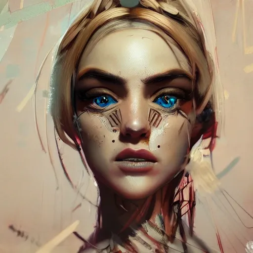 figurative art, medium full shot painting of a beautiful American-Greek princess with short blond hair, abstraction texture grunge painting, Pintura Graffiti, Abstract Portrait Painting, by banksy, greg rutkowski, by greg tocchini, by james gilleard, by joe fenton, by kaethe butcher, oil on canvas, insanely detailed, front view, symmetrical, octane render, TanvirTamim, concept art, abstract, artistic, 8k, cinematic, trending on artstation, unreal engine 5, ultra sharp focus, highly detailed, vibrant