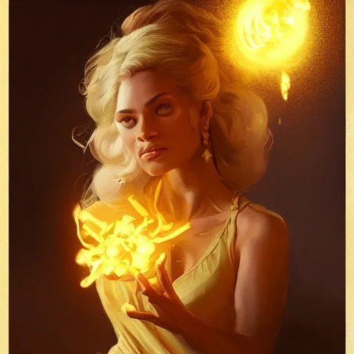 a female wizard casting a yellow fireball with gold coins in it| | pencil sketch, realistic shaded, fine details, realistic shaded lighting poster by greg rutkowski, magali villeneuve, artgerm, jeremy lipkin and michael garmash and rob rey 