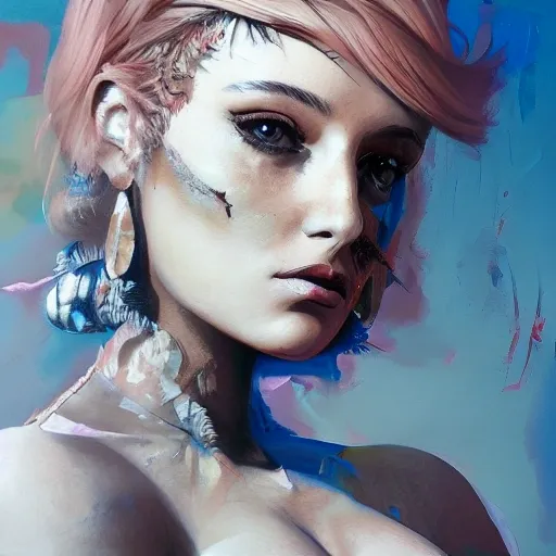 figurative art, medium shot painting of a beautiful american-italian princess with short blonde hair, abstract textured grunge painting, Graffiti Painting, Abstract Portrait Painting, by banksy, greg rutkowski, by greg tocchini, by james gilleard, by joe fenton , by kaethe butcher, oil on canvas, incredibly detailed, front view, symmetrical, octane, TanvirTamim, concept art, abstract, artsy, 8k, cinematic, trending on artstation, unreal engine 5, ultra sharp focus, highly detailed, vibrant