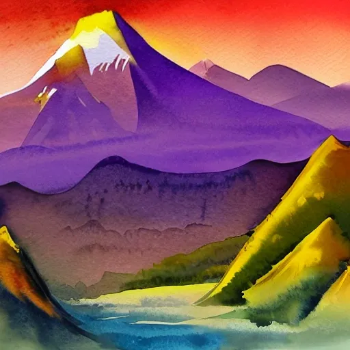 Create a watercolor illustration that captures the majesty of Cerro Illimani in La Paz, Bolivia, while also showcasing the vibrant cityscape of La Paz. Use a palette of violet colors to depict both the mountain and the city. The mountain should be the focal point of the illustration, showcasing its imposing peaks and distinctive details. Additionally, include the city of La Paz in the landscape, with its narrow streets and picturesque buildings. Apply the watercolor technique in a fluid and translucent manner to create subtle and luminous effects. Choose the appropriate violet tones to convey the beauty and mystique of this iconic mountain and its connection to the city. Capture the essence of the landscape and the unique atmosphere of La Paz in your illustration.