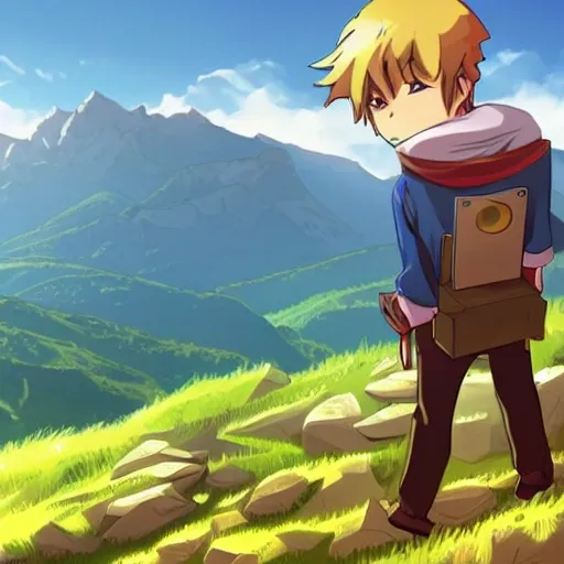 A young man with a map in hand stands on a mountaintop, looking out at the vast landscape below. a gleaming chest with Golden coins is Far away BELOW the man/ anime