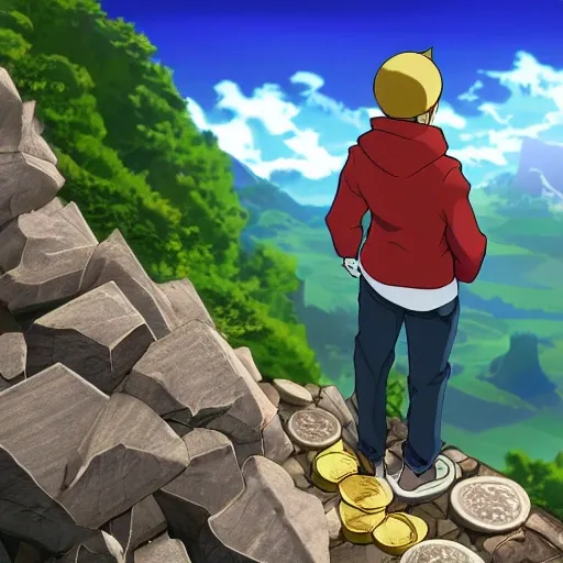 A young man with a map in hand stands on a mountaintop, looking out at the vast landscape below. a gleaming chest with Golden coins is on another mountain / anime