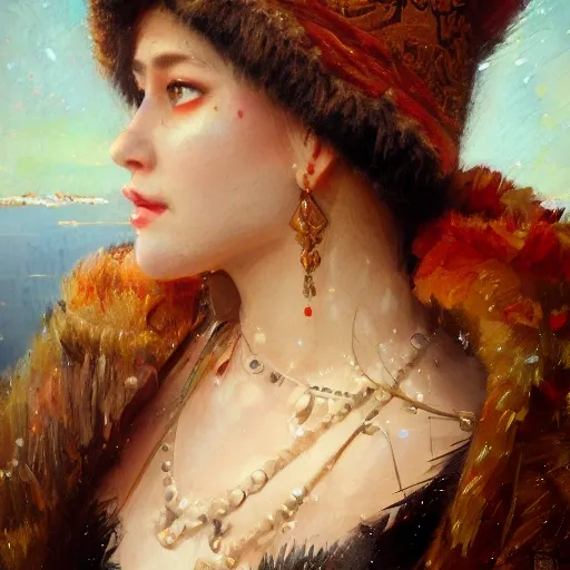 female siberian Russian concubine with slim curvy body, wearing a ushanka, at night, 1400s, painting by gaston bussiere, greg rutkowski, yoji shinkawa, yoshitaka amano, tsutomu nihei, donato giancola, tim hildebrandt, oil on canvas, {full body shot:from behind shot:looking over shoulder}, traditional russian clothing, trending on artstation, featured on pixiv, cinematic composition, extreme detail, metahuman creator, (best quality:1.4), ((masterpiece)), ((realistic)), (detailed), portrait_of_exotic_girls, seductive_smile, (((sexy))), godrays, dust in the air