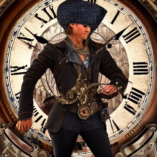 A clock-punk scene with an ultra-realistic portrait of a ((daring|adventurous|cunning)) ((thief|spy|assassin)) in an intricate steampunk outfit, holding a blueprint of a complex machine. The image is illuminated with dynamic uplight lighting and godrays., 3D