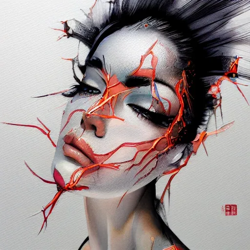 face portrait of MeiyuCipher 1girl orange spike aura in motion, damaged chinese clothes,Full breasts，full body,Perfect legs，Black silk stockings， floating pieces, trending on artstation, sharp focus, intricate details, highly detailed, detailed face (ink and watercolor painting, brushstrokes, by Russ Mills and Yoji Shinkawa) best quality, absurdres, (negative space) , , 3D