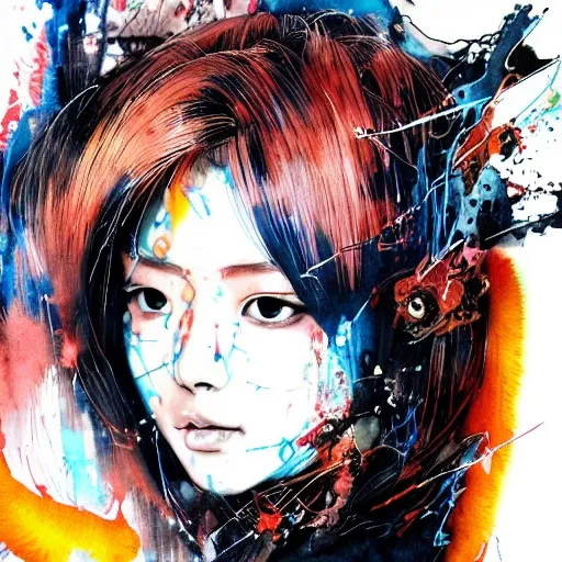 face portrait of MeiyuCipher 1girl orange spike aura in motion, damaged chinese clothes, floating pieces, trending on artstation, sharp focus, intricate details, highly detailed, detailed face (ink and watercolor painting, brushstrokes, by Russ Mills and Yoji Shinkawa) best quality, absurdres, (negative space) , <lora:GlowingRunesAIV3:0.5>