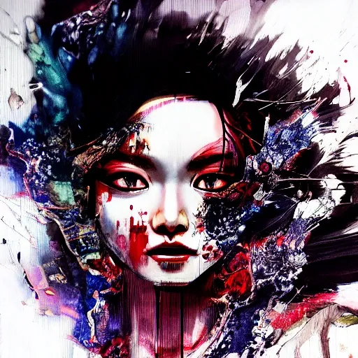 face portrait of MeiyuCipher 1girl orange spike aura in motion, damaged chinese clothes, floating pieces, trending on artstation, sharp focus, intricate details, highly detailed, detailed face (ink and watercolor painting, brushstrokes, by Russ Mills and Yoji Shinkawa) best quality, absurdres, (negative space) , <lora:GlowingRunesAIV3:0.5>,