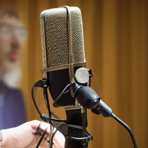 a person speaking into a microphone. The microphone is positioned centrally, capturing the person's voice. cloud of letters is visible, appearing both alongside and below the microphone, representing the conversion of speech to written words.
