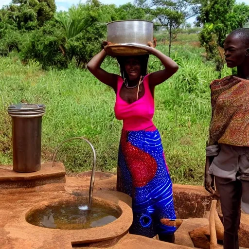 Beautiful photo of an african woman at the well to take water, Pencil Sketch