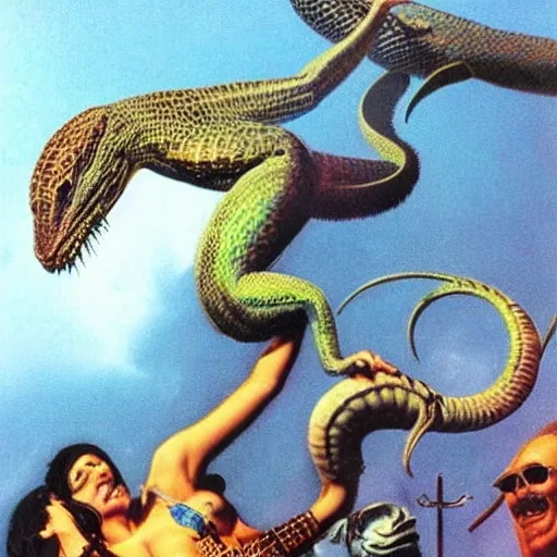 Boris Vallejo 80s rock band album art with lizards - Arthub.ai