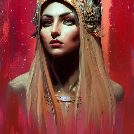 figurative art, medium full shot painting of a beautiful Russian-Persian princess with long blond hair, abstraction texture grunge painting, Pintura Graffiti, Abstract Portrait Painting, by banksy, greg rutkowski, by greg tocchini, by james gilleard, by joe fenton, by kaethe butcher, oil on canvas, insanely detailed, front view, symmetrical, octane render, TanvirTamim, concept art, abstract, artistic, 8k, cinematic, trending on artstation, unreal engine 5, ultra sharp focus, highly detailed, vibrant, Reality, , 3D